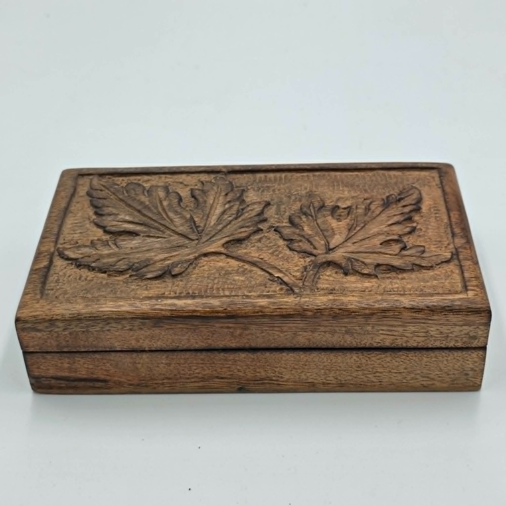 Fall Leaves Floral Design Wooden Jewelry Keepsake Trinket Box Hinged Lid 7"